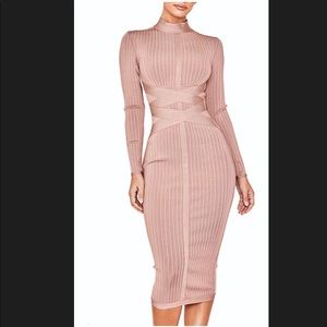 Ribbed Bandage Long Sleeve Midi Bodycon Dress